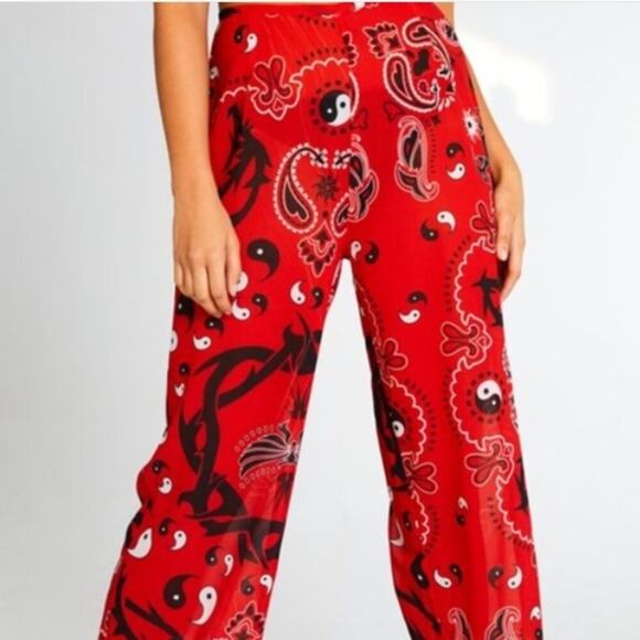 Jaded London Pants - Jaded London Red Lightweight Ying Yang Straight Leg Pull On Pants Small